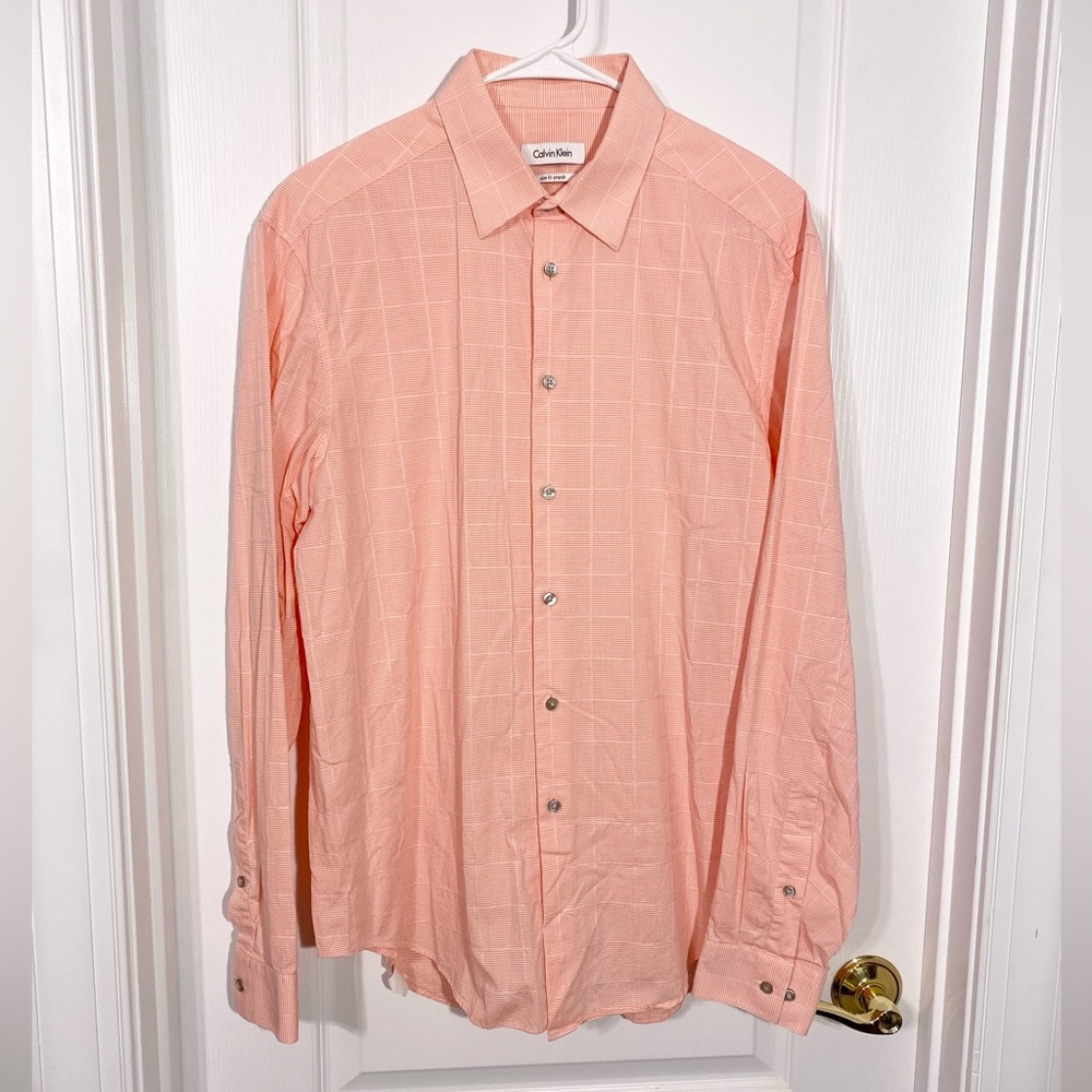 Calvin Klein Plaid Slim Fit Dress Shirt Coral White Men’s 16 34/35